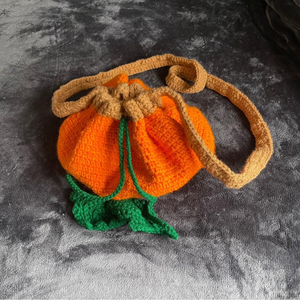 Crocheted Pumpkin Bag w/Drawstring